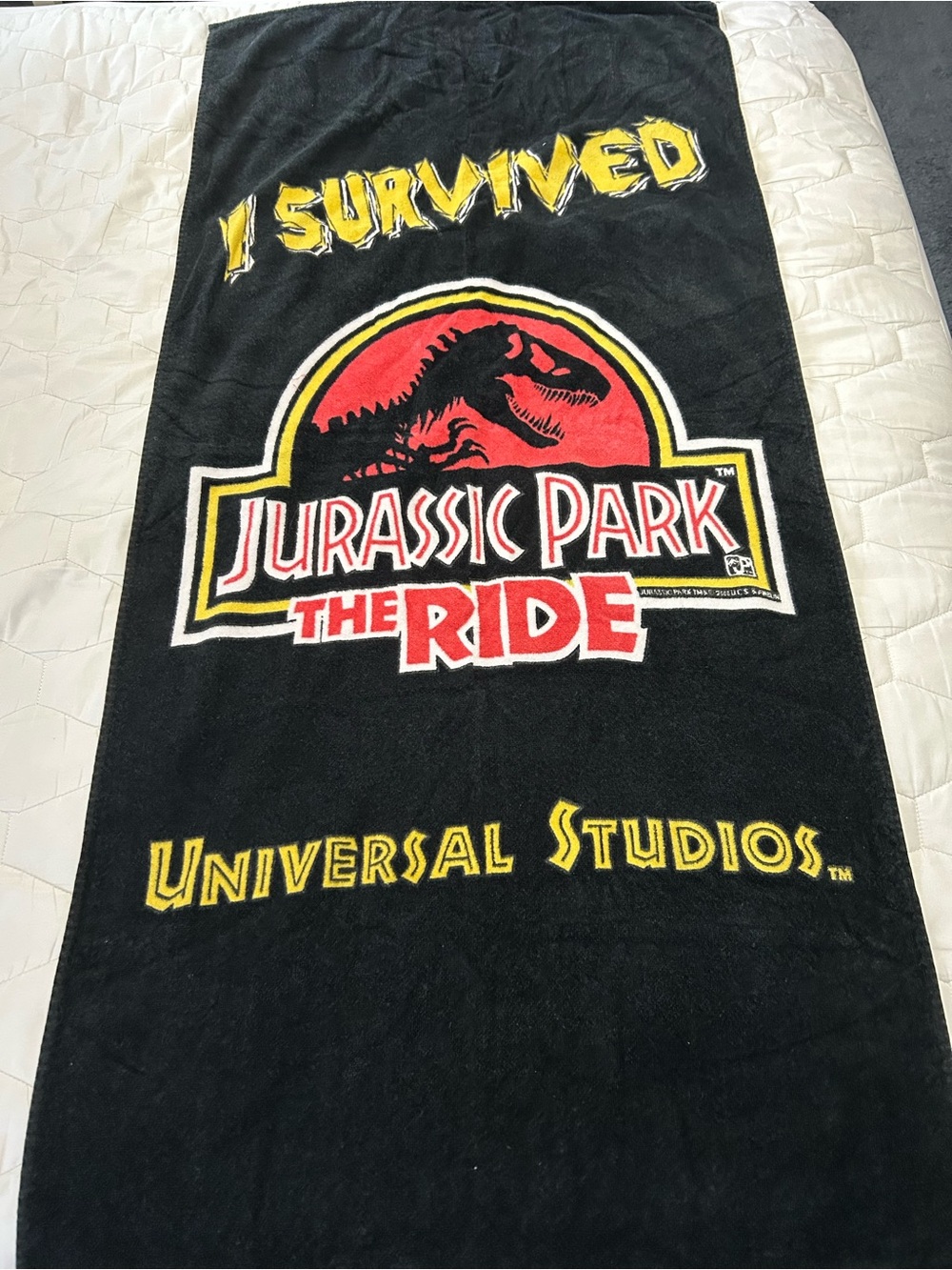 vintage 1990s Jurassic Park The Ride beach towel featuring the iconic movie logo